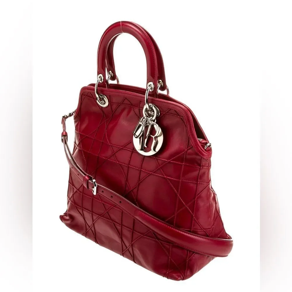 Auth Christian Dior Red Leather Cannage Medium Granville 2way Satchel Purse Bag - Picture 3 of 11